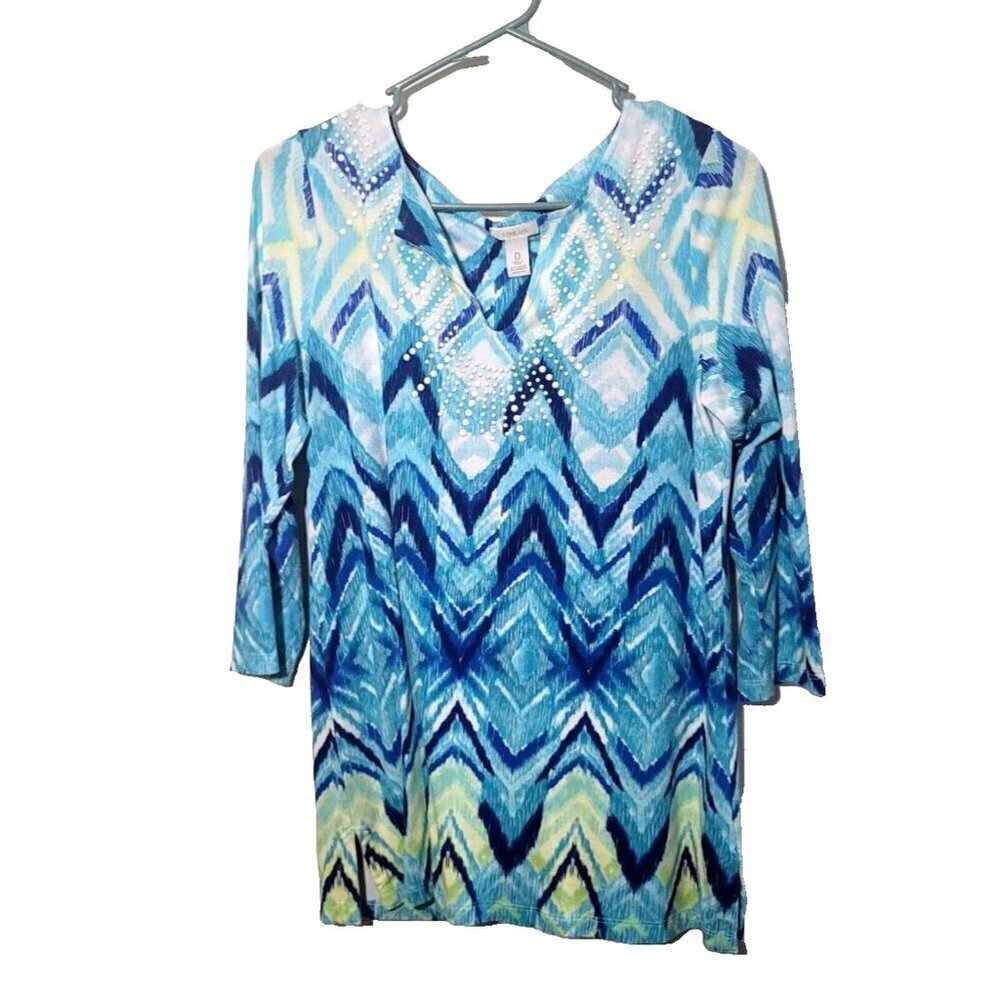 Chicos Womens blouse Sz 0/S Geometric Artsy V-neck Long Sleeve Stretch Pullover